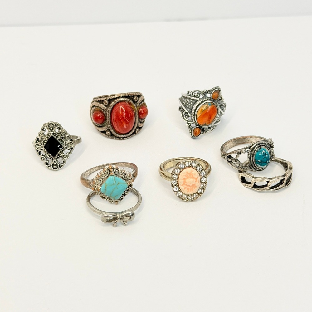 Boho Unbranded Multi Ring Lot Turquoise Coral Cameo Filigree Southwestern 6pc